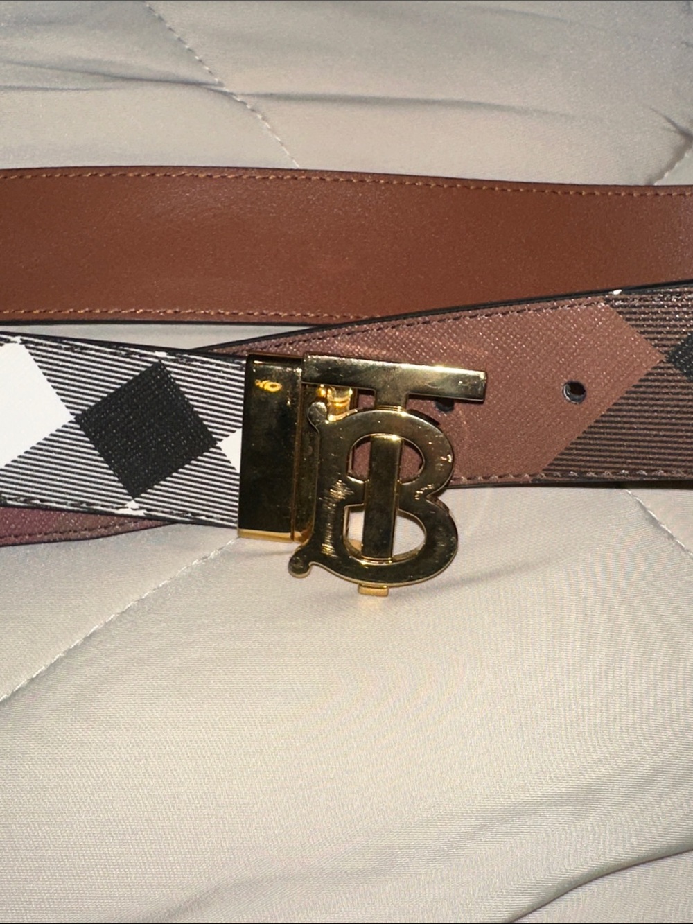 Burberry Brown Check Leather Belt with Gold TB Buckle